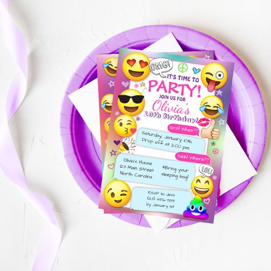 Emoji Birthday Party Invitations, Girl Emoji Party Kaart