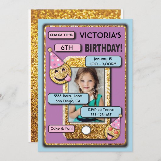 Emoji Birthday Party - uitnodiging voor tekstverbi (Voorkant / Achterkant)