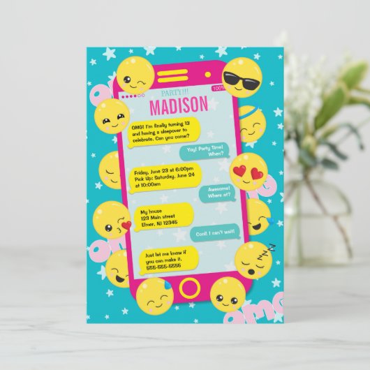 Emoji Birthday Uitnodiging/de Tekst van de Telefoo Kaart (Staand voorkant)