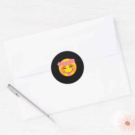 Emoji Flower Crown Tongue Yellow Smile Face  Ronde Sticker (Envelop)