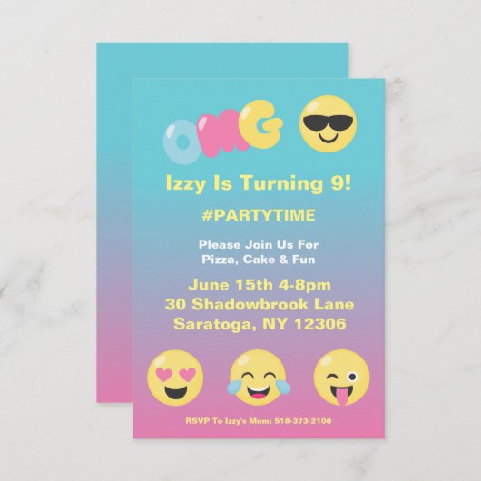 Emoji Ombre Girly verjaardagsuitnodiging Kaart (Voorkant / Achterkant)