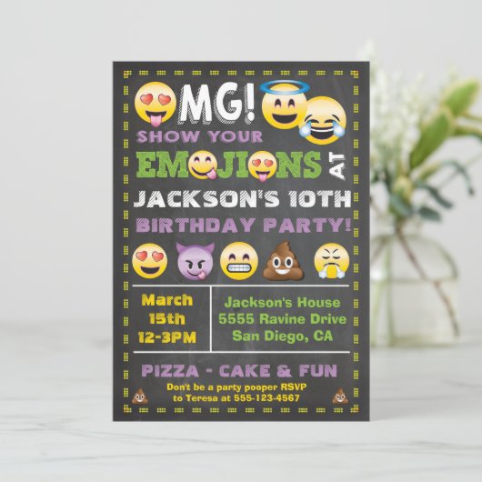 Emoji Party OMG Verjaardag Uitnodiging (Staand voorkant)