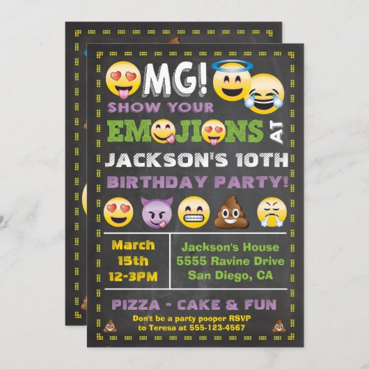 Emoji Party OMG Verjaardag Uitnodiging (Voorkant / Achterkant)