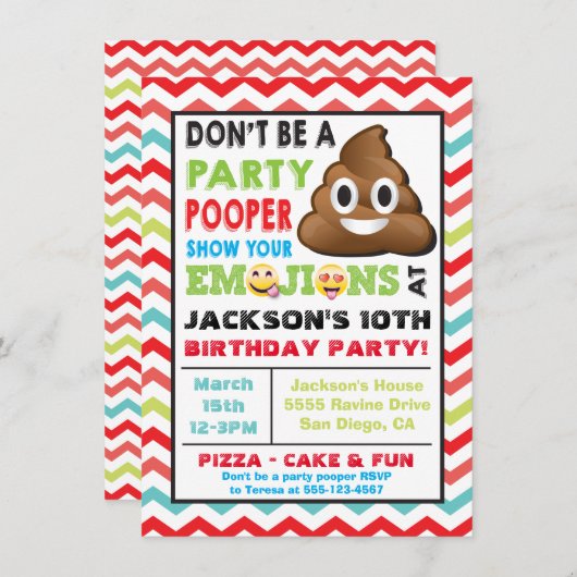Emoji Party Pooper Birthay Uitnodiging (Voorkant / Achterkant)