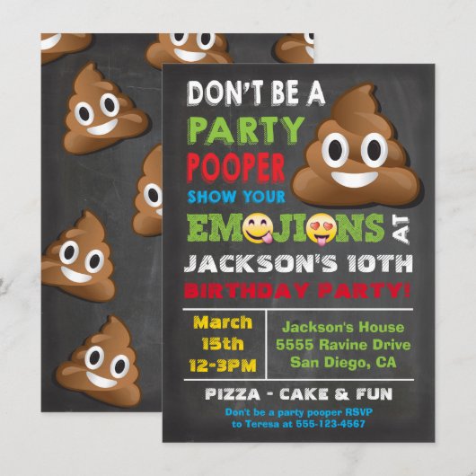 Emoji Party Pooper Boys Birthday Party Uitnodiging (Voorkant / Achterkant)