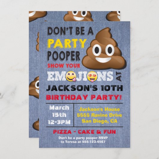 Emoji Party Pooper Uitnodiging voor geboorte (Voorkant / Achterkant)