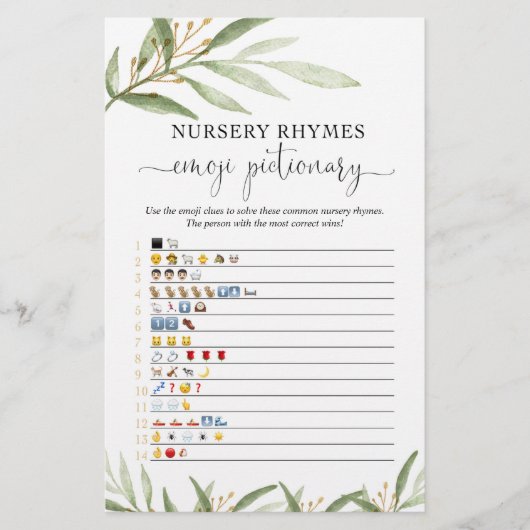 Emoji pictionary baby shower game Gold Greenery (Voorkant)