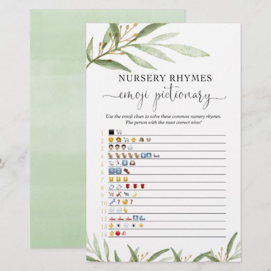 Emoji pictionary baby shower game Gold Greenery (Voorkant / Achterkant)