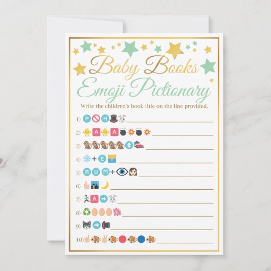 Emoji Pictionary Baby shower Game Mint Gold Stars Kaart (Voorkant)