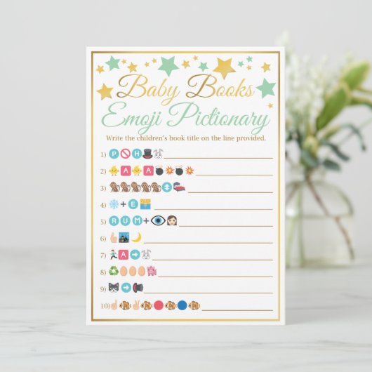 Emoji Pictionary Baby shower Game Mint Gold Stars Kaart (Staand voorkant)