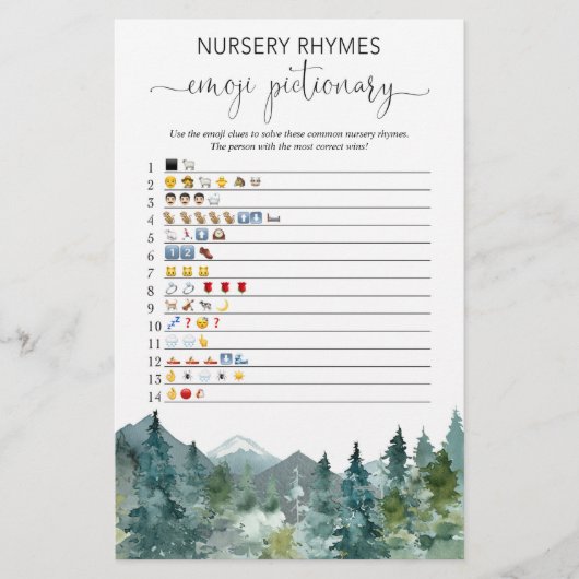 Emoji pictionary baby shower game rustige bergen (Voorkant)