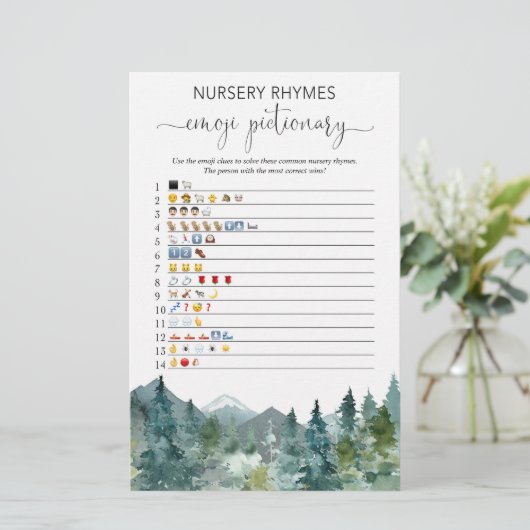 Emoji pictionary baby shower game rustige bergen (Staand voorkant)