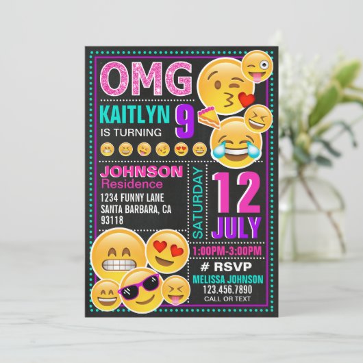 Emoji Pink Glitter Birthday Uitnodiging (Staand voorkant)