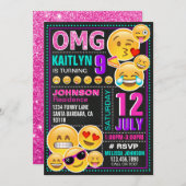 Emoji Pink Glitter Birthday Uitnodiging (Voorkant / Achterkant)