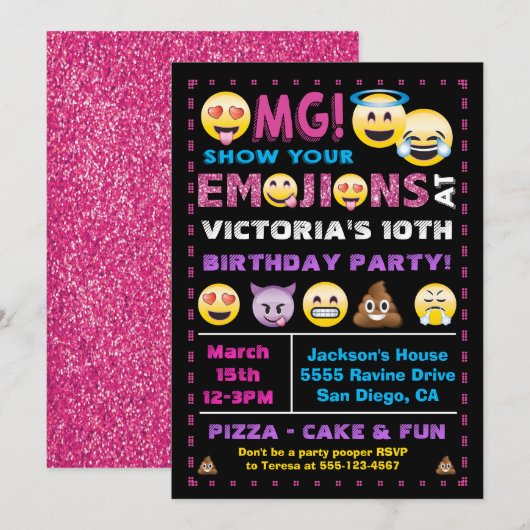 Emoji Pink Glitter Verjaardagsfeestje Uitnodiging (Voorkant / Achterkant)