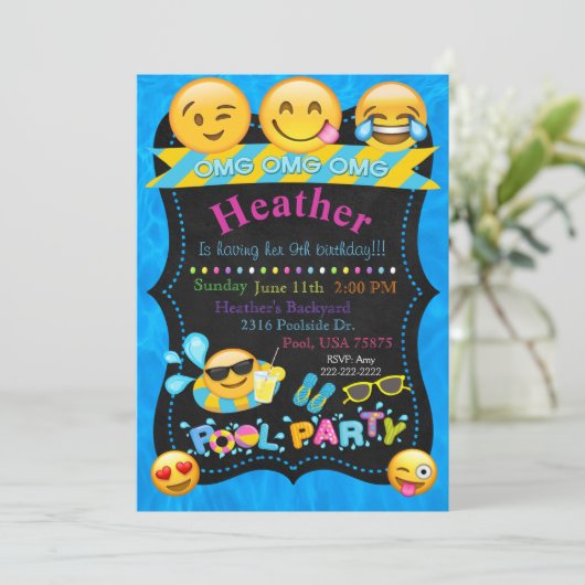 Emoji Pool Party Birthday Invitation Kaart (Staand voorkant)