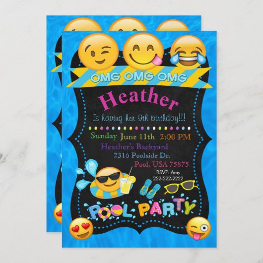 Emoji Pool Party Birthday Invitation Kaart (Voorkant / Achterkant)