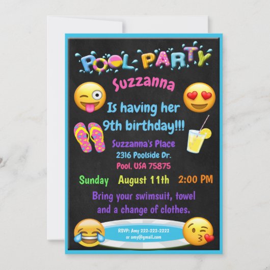 Emoji Pool Party Birthday Invitation Kaart (Voorkant)