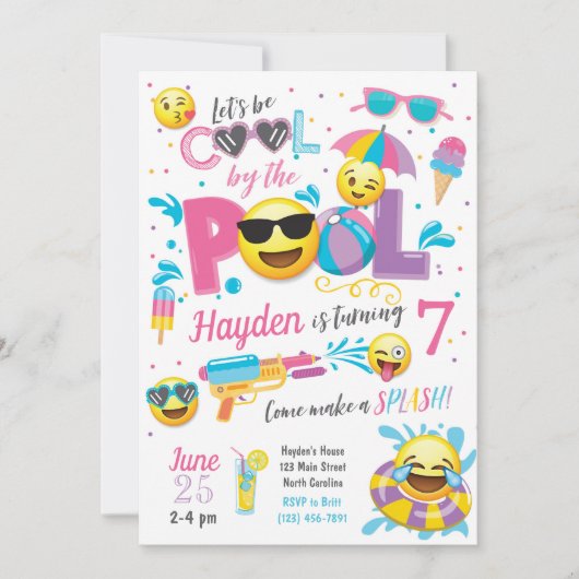 Emoji Pool Party Invitation, zomerzaterdag Kaart (Voorkant)