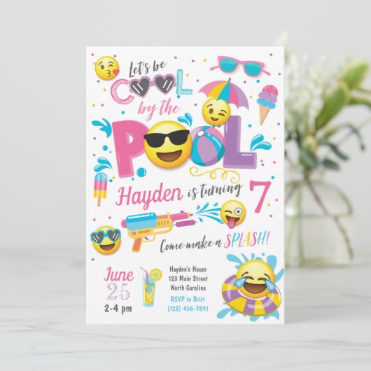 Emoji Pool Party Invitation, zomerzaterdag Kaart (Staand voorkant)