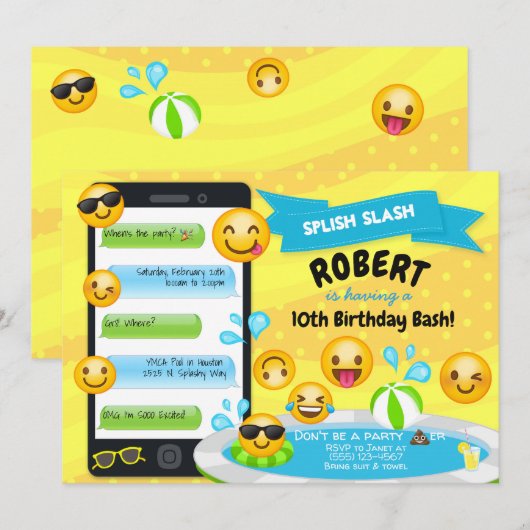 Emoji Pool Party of Birthday - uitnodigingen (Voorkant / Achterkant)