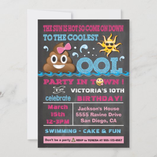 Emoji Pool Party Pooper Verjaardag Uitnodiging (Voorkant)
