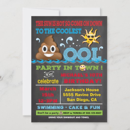 Emoji Pool Party Pooper Verjaardag Uitnodiging (Voorkant)