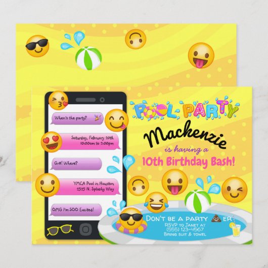 Emoji Pool Party Verjaardagsuitnodigingen Kaart (Voorkant / Achterkant)