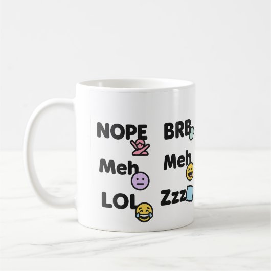 Emoji Slang Mok – Funny Nope Meh LOL BRB Zzz (Links)