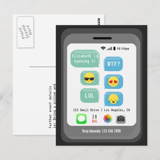 Emoji thema verjaardagsfeestje briefkaart (Voorkant / Achterkant)