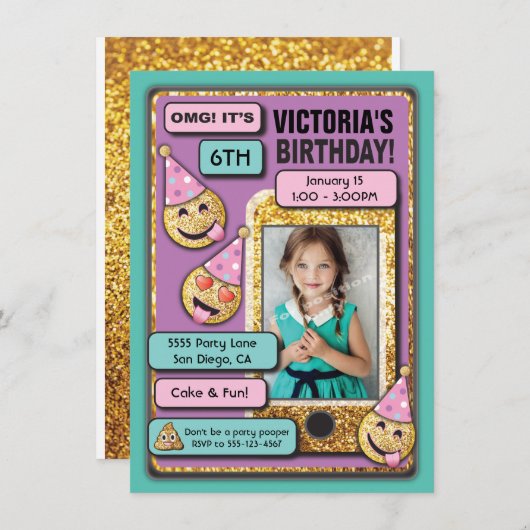 Emoji verjaardagsfeestje sms uitnodiging (Voorkant / Achterkant)