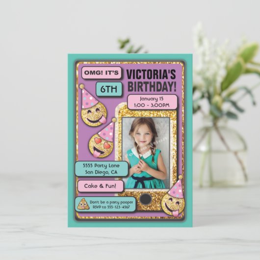 Emoji verjaardagsfeestje sms uitnodiging (Staand voorkant)