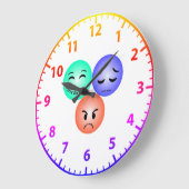 Emoji voelt zich gelukkig, verdrietig en kwaad met grote klok (Hoek)