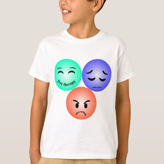 Emoji voelt zich gelukkig, verdrietig en kwaad met t-shirt (Voorkant)