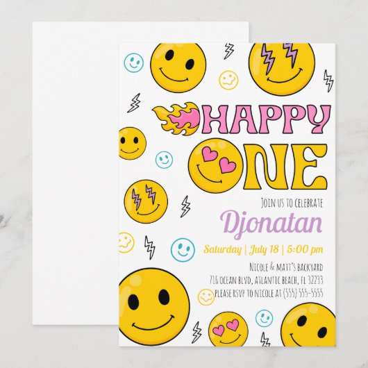 Emojis First Birthday Uitnodiging (Voorkant / Achterkant)