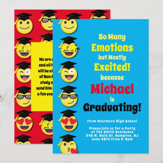 Emoticon Happy Cute Graduation Party nodiging Kaart (Voorkant / Achterkant)