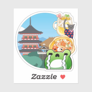Emotie bij de Japanse tempel met kat en kikker Sticker