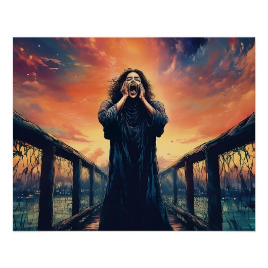 Emotieve figuur schreeuwen op een Sunset Bridge | Perfect Poster (Voorkant)