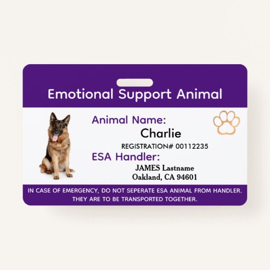 Emotional Support Animal ESA ID One Photo Badge (Voorkant)