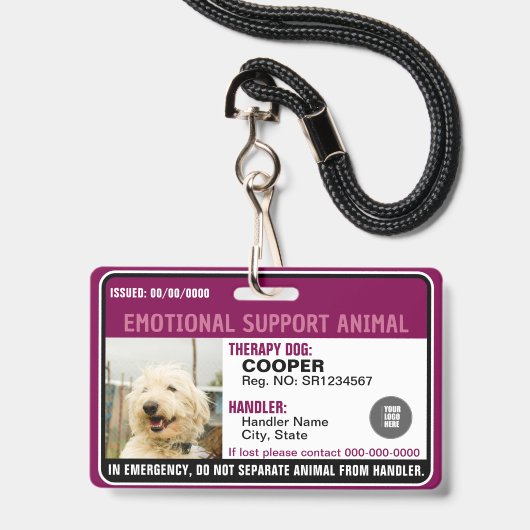 Emotional Support Animal ID Therapy Photo Custom Badge (Voorzijde met lanyard)