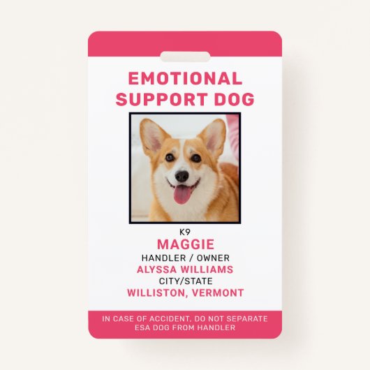 Emotional Support Dog ID Personated Pet Photo Badge (Voorkant)