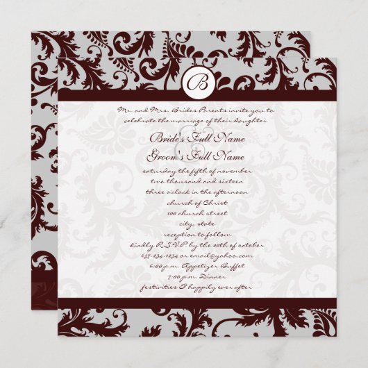 Emperator Chocolate Brown Damask Wedding Invite Kaart (Voorkant / Achterkant)