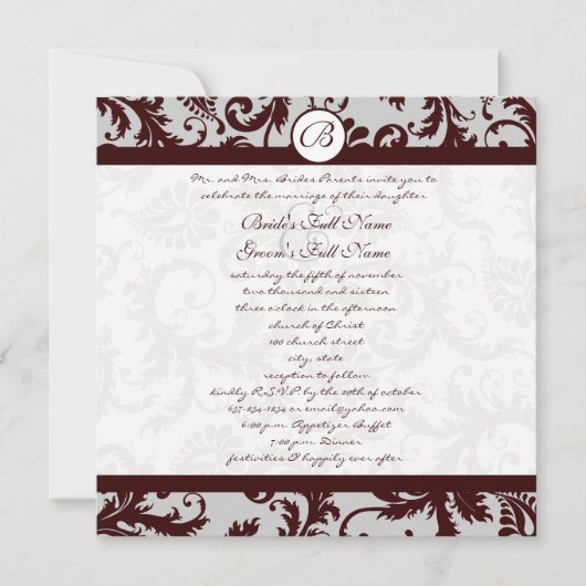 Emperator Chocolate Brown Damask Wedding Invite Kaart (Voorkant)