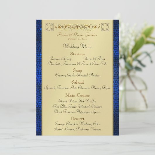 Emperor Blue Scroll Glas in lood Wedding Menu (Staand voorkant)