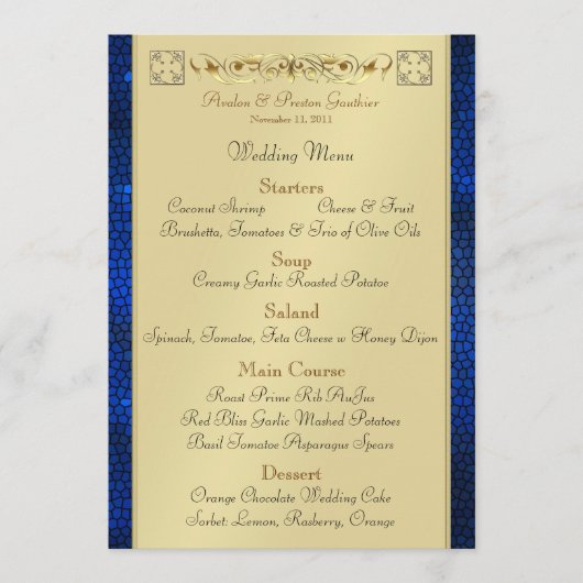 Emperor Blue Scroll Glas in lood Wedding Menu (Voorkant)