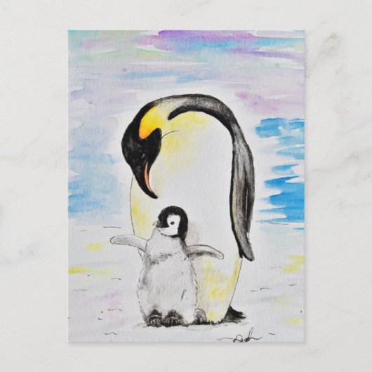 Emperor Penguin en Chick Waterverf Painting Briefkaart (Voorkant)