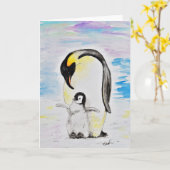 Emperor Penguin en Chick Waterverf Painting Kaart (Gele Bloem)