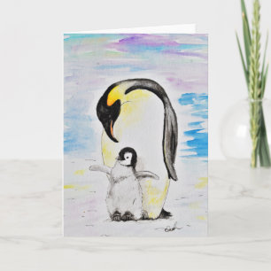 Emperor Penguin en Chick Waterverf Painting Kaart