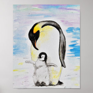 Emperor Penguin en Chick Waterverf Painting Poster