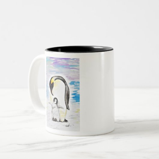 Emperor Penguin en Chick Waterverf Painting Tweekleurige Koffiemok (Voorkant links)